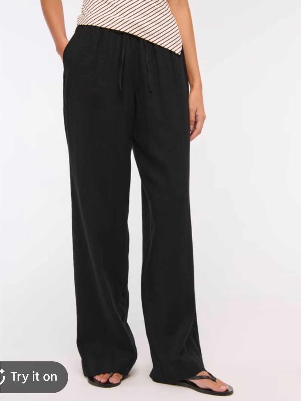 Abercrombie & Fitch Linen Blend Black Wide-Leg Pull on Drawstring Pants, M